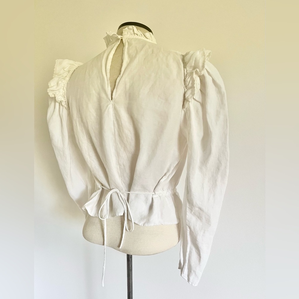 MNG White Linen Smocked Blouse Puff Sleeve Ruffle Neck Vintage-Inspired Crop Top - Picture 3 of 8